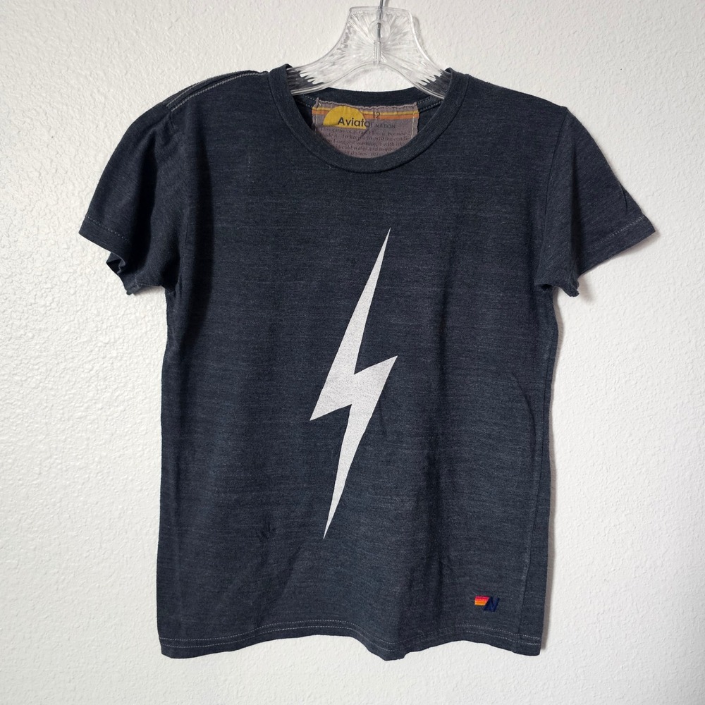 Aviator Nation Kids Gray Lightning Bolt Graphic Tee Shirt Size 12